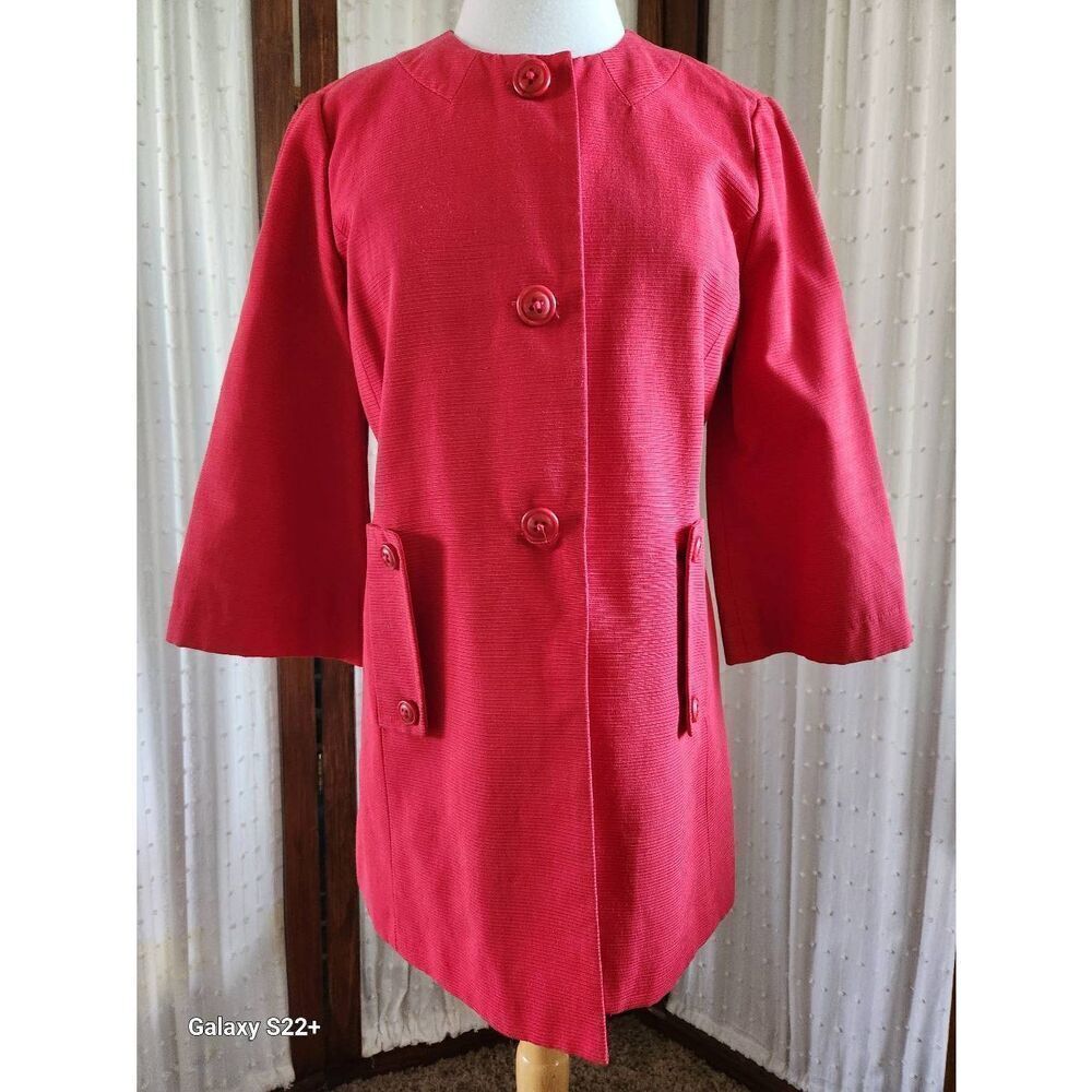 J27  Rafaela unique bold red longer lined jacket & buttons 3/4 sleeve w/pockets